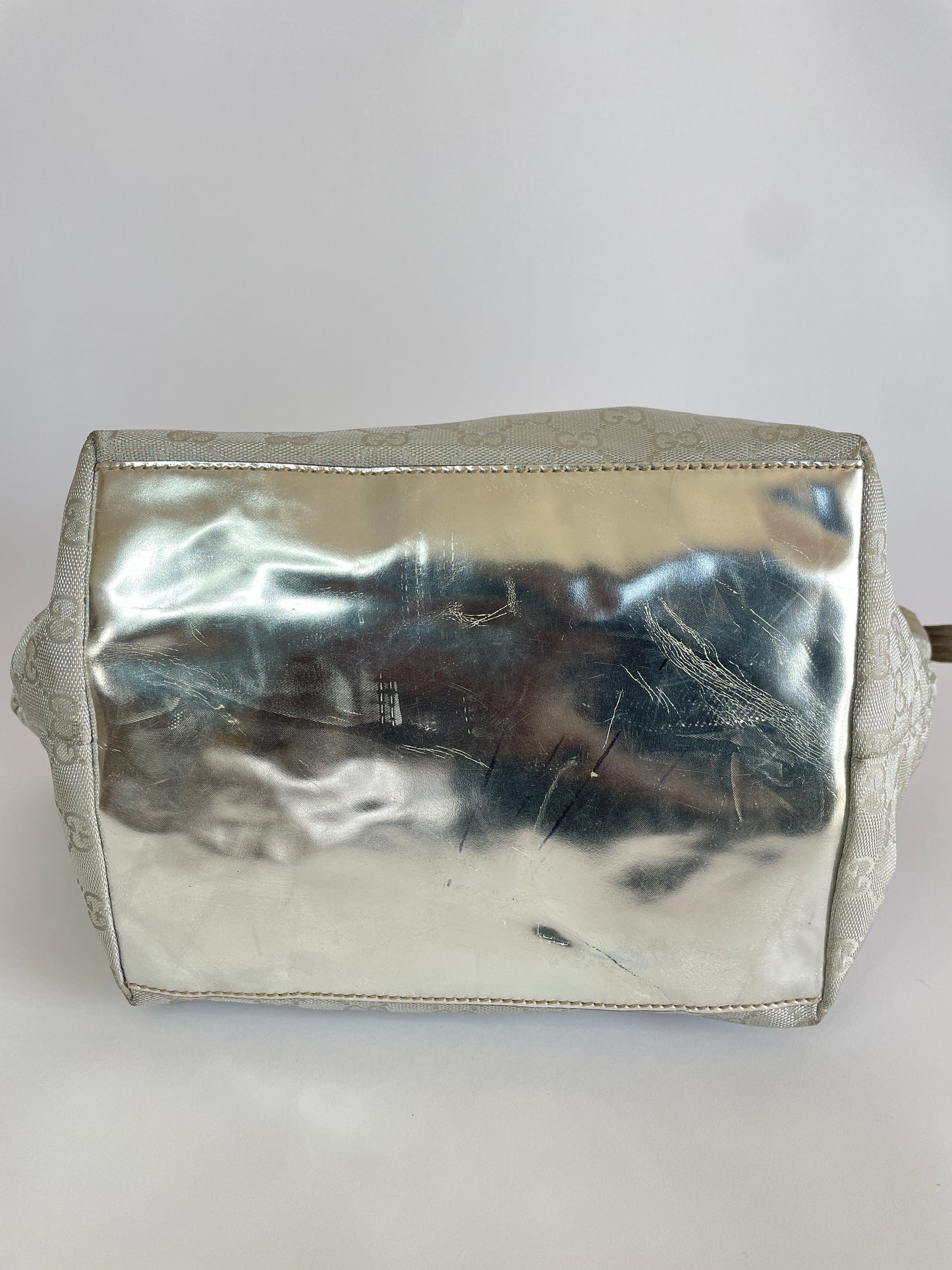 GUCCI GG Monogram Medium Web Handle Bucket Tote Silver
