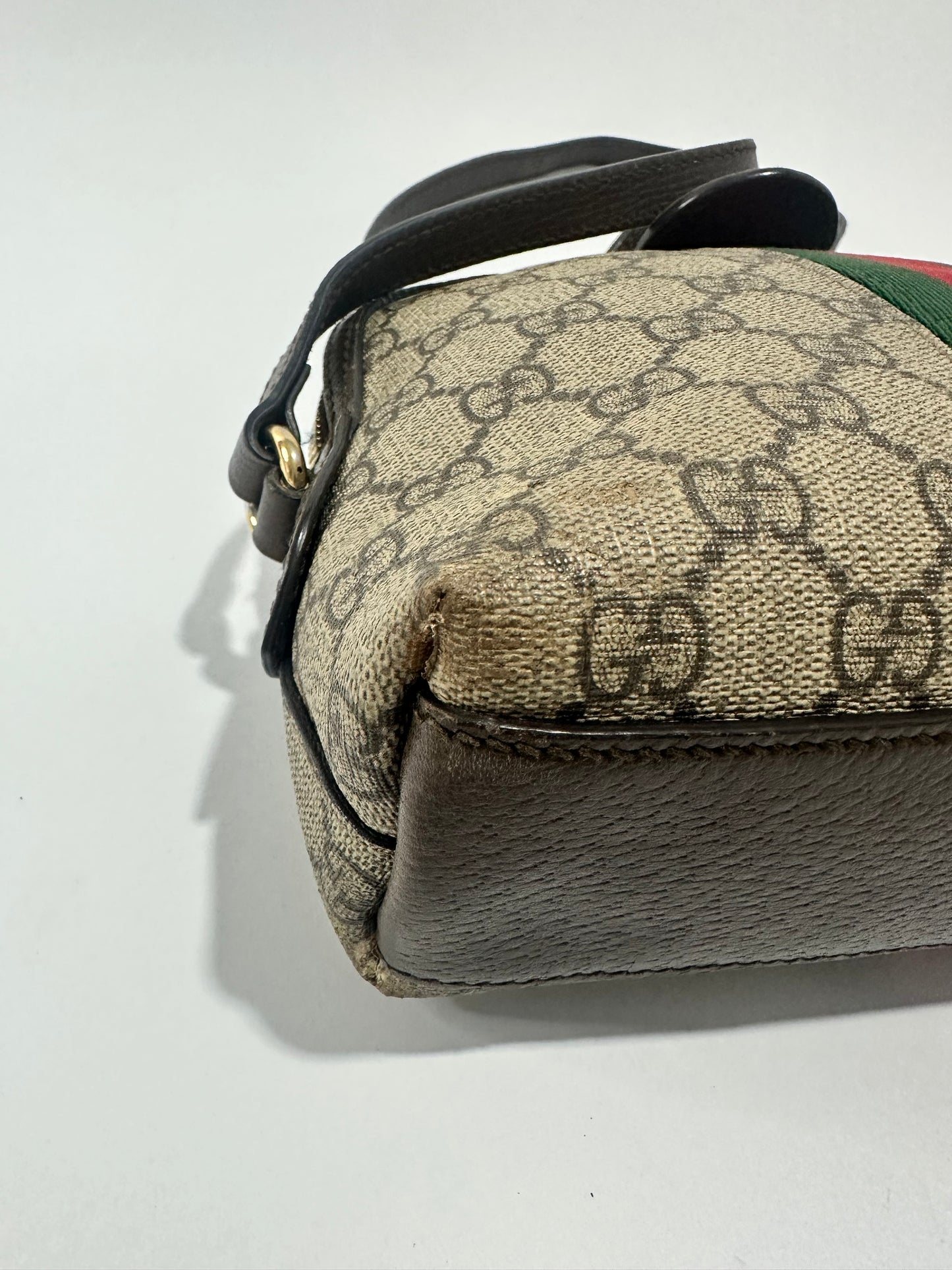 GUCCI
GG Supreme Monogram Textured Dollar Calfskin Web Small Ophidia Dome Shoulder Bag Beige Ebony