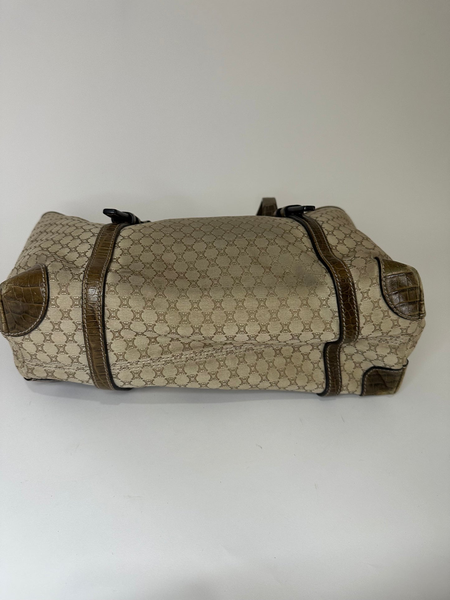 CELINE Beige/Brown Macadam Canvas And Croc Embossed Tote