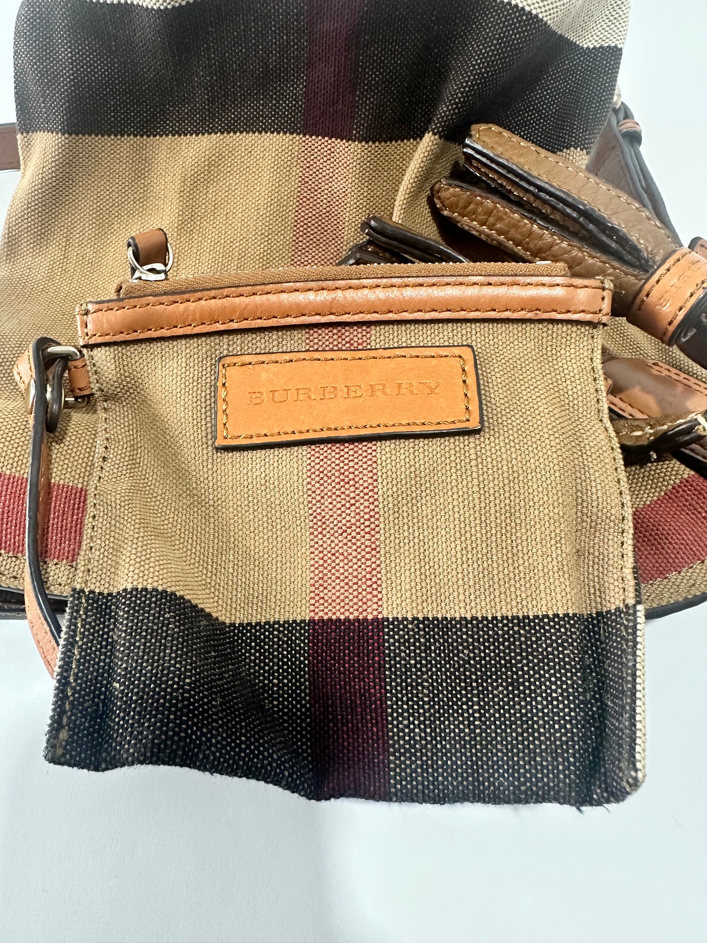 BURBERRY Canvas Mega Check Mini Ashby Tassel Crossbody Brown