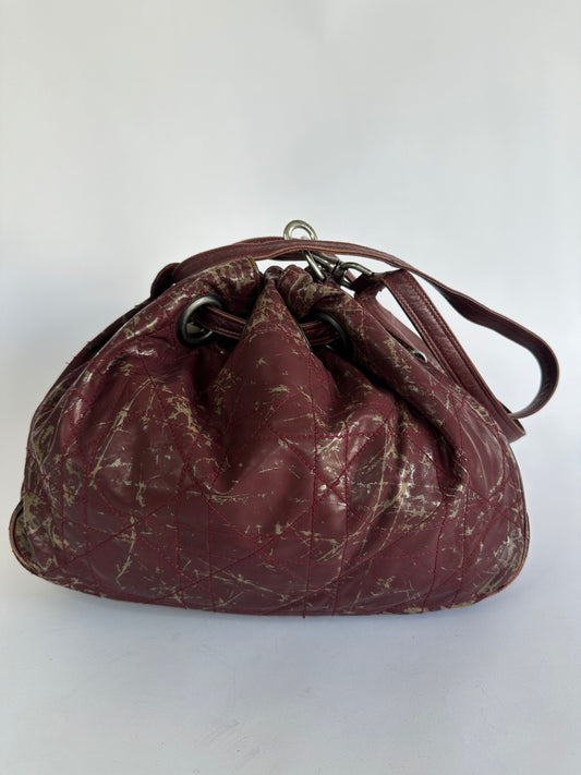 CHRISTIAN DIOR Rouge Bordeaux Cannage Quilted Patent Leather Medium Drawstring Tote Bag