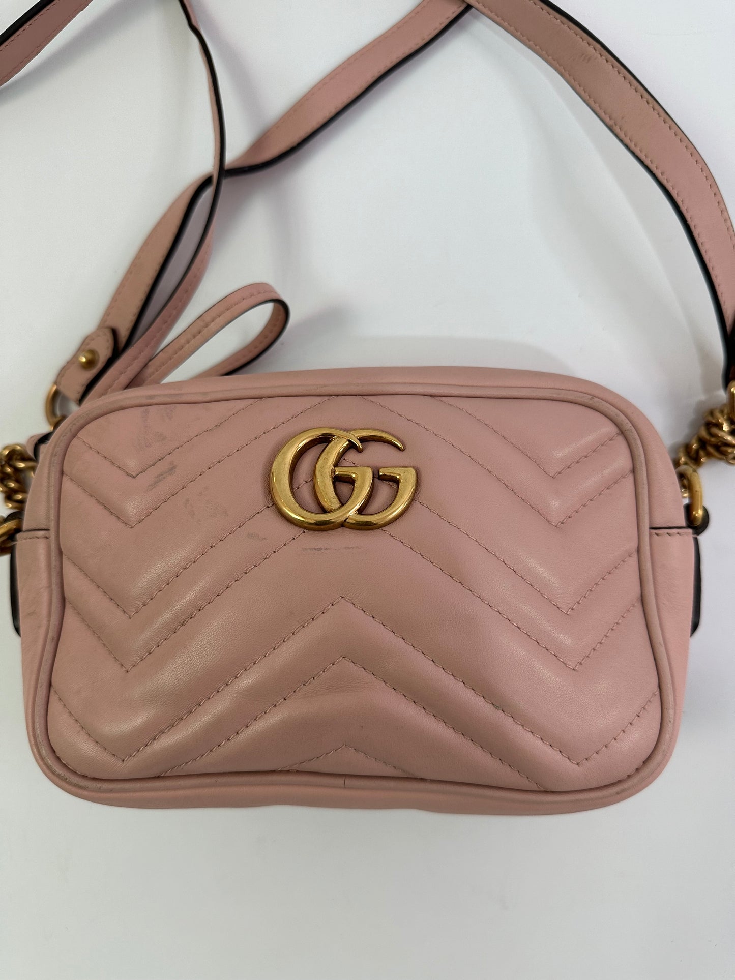GUCCI Pink Matelasse Leather Mini GG Marmont Camera Bag