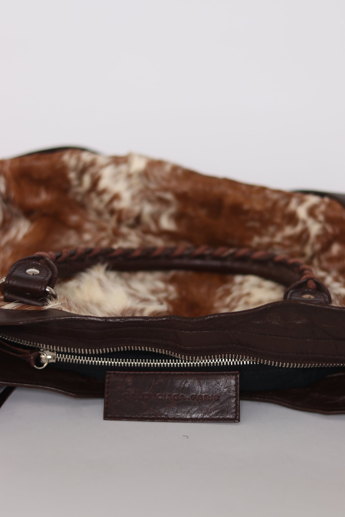 BALENCIAGA
Brown/White Pony Hair Motorcycle City Bag