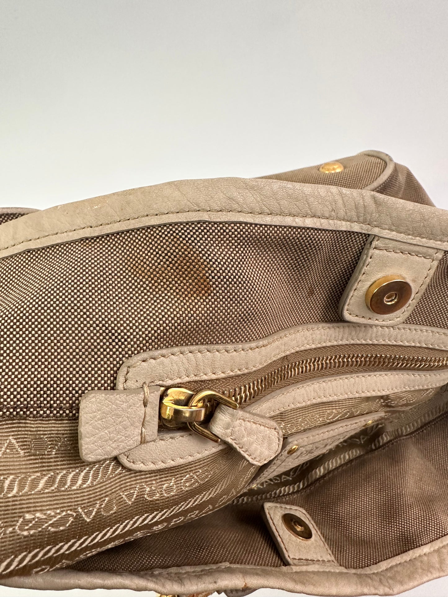 PRADA Beige Jacquard Logo Canvas and Leather Bow Shoulder Bag