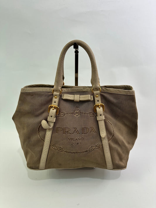 PRADA Beige Jacquard Logo Canvas and Leather Bow Shoulder Bag