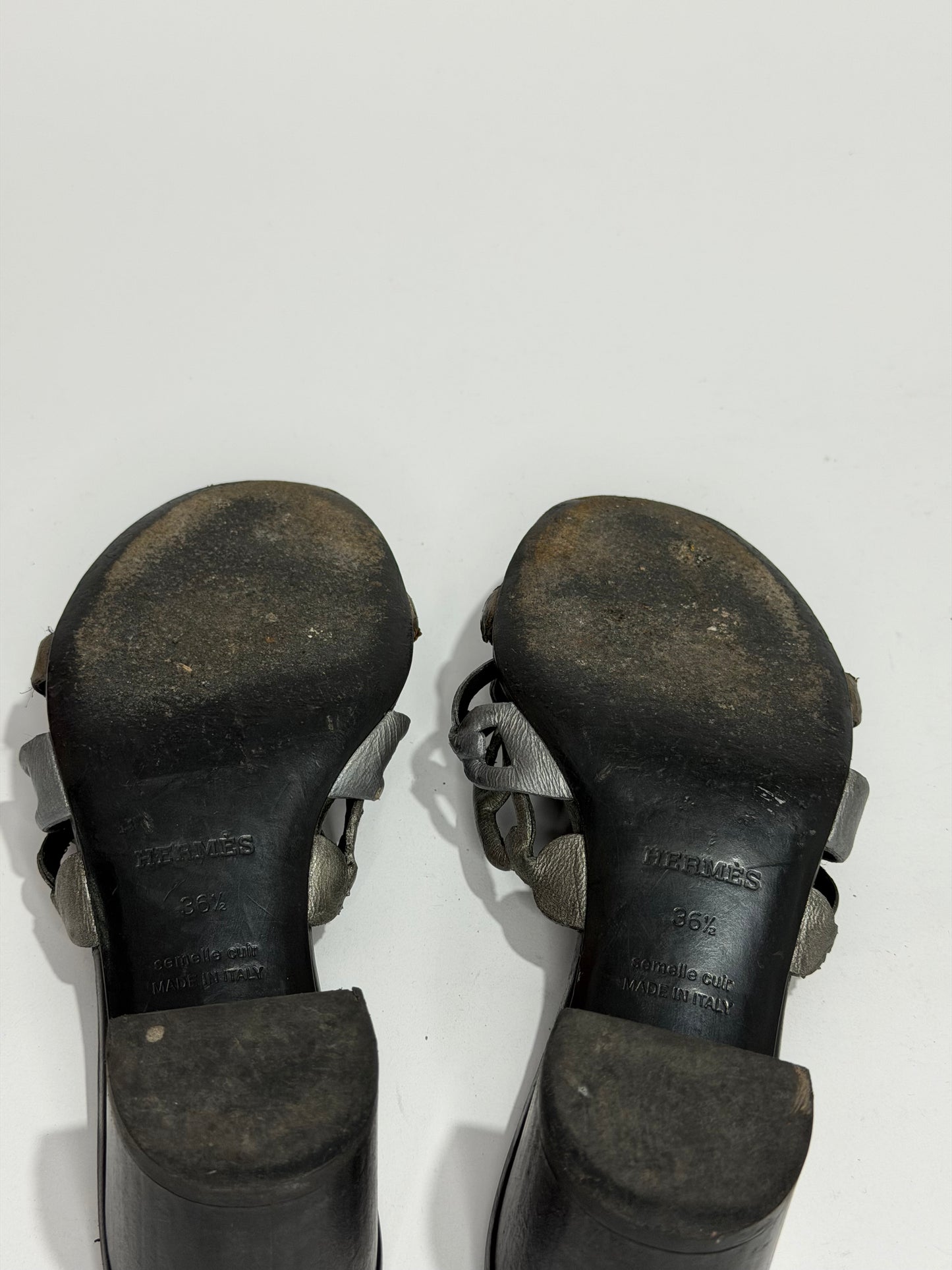Hermes Silver Leather Tandem Slide Sandals Size 36.5 EU
