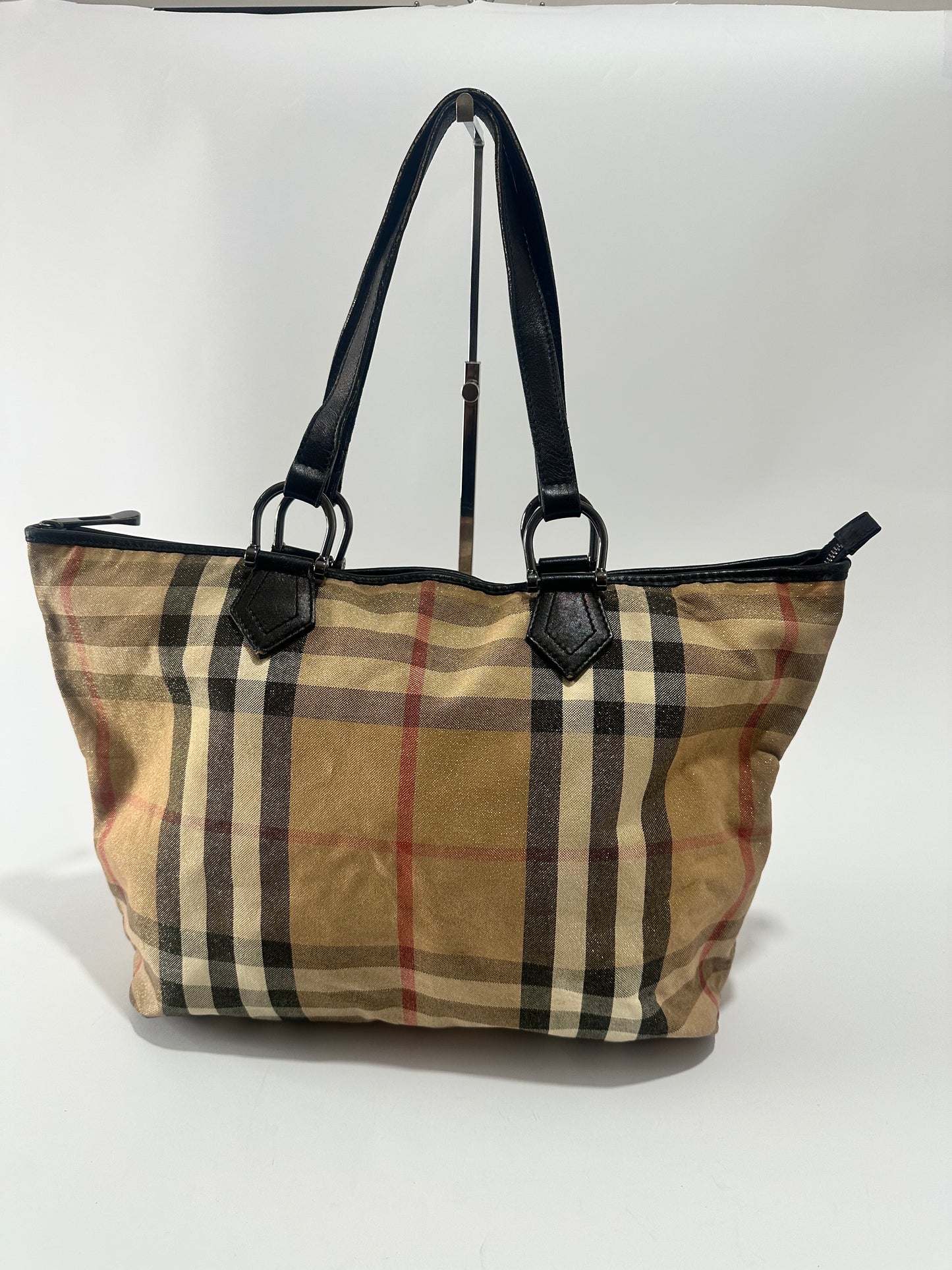 Burberry Black/Beige Shimmery Nova Check Canvas and Leather Trim Tote