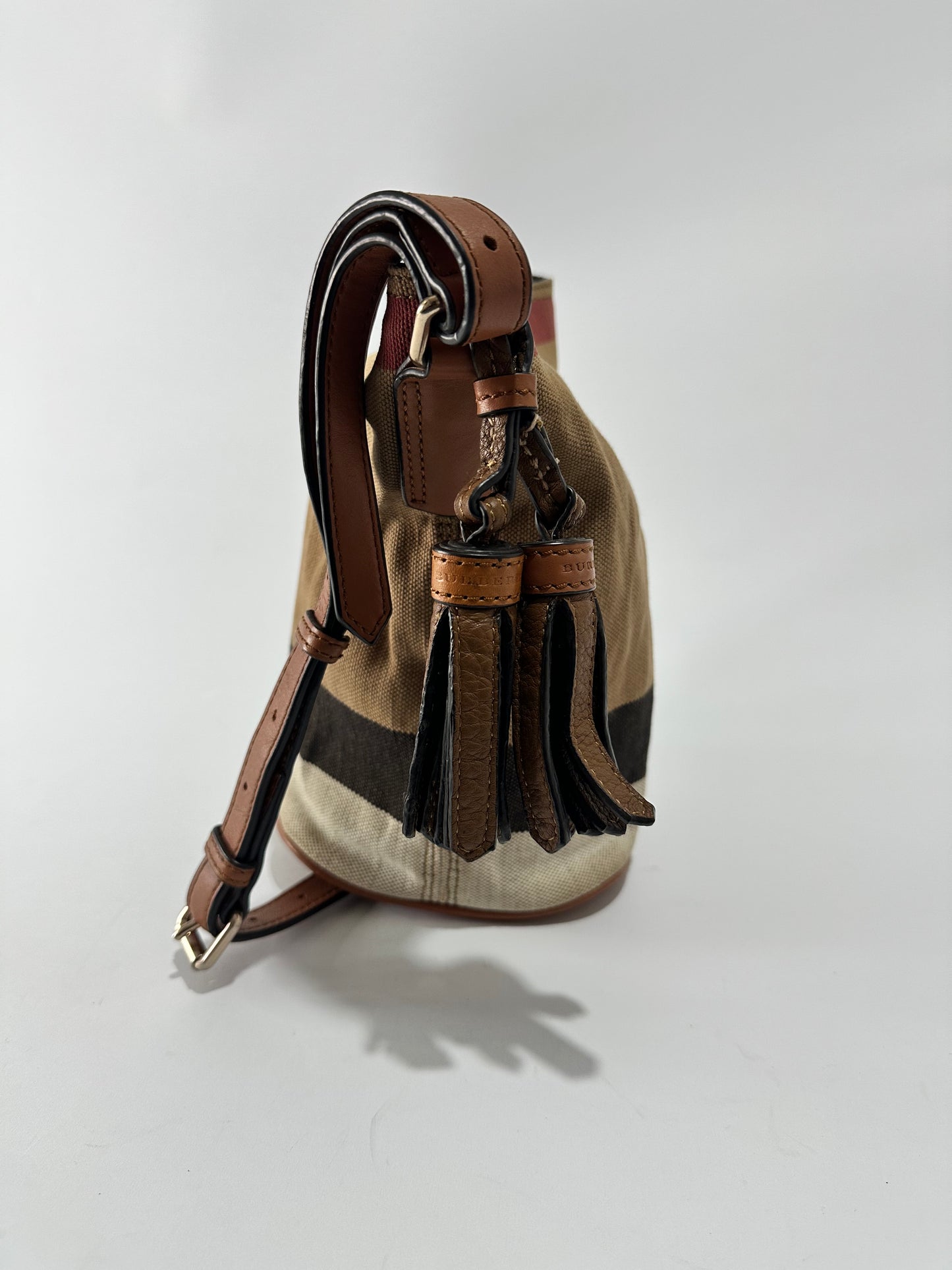 BURBERRY Canvas Mega Check Mini Ashby Tassel Crossbody Brown
