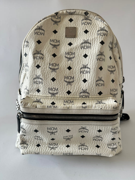 MCM Visetos Medium Side Studs Stark Backpack White