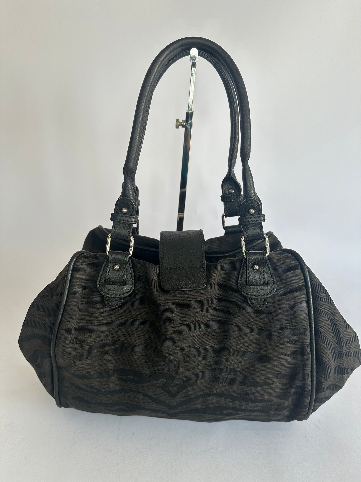 Fendi Animal Style Purses Black Tiger Print Canvas Leather Bag