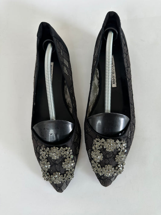 Manolo Blahnik Black Lace Hangisi Ballet Flats Size 37.5