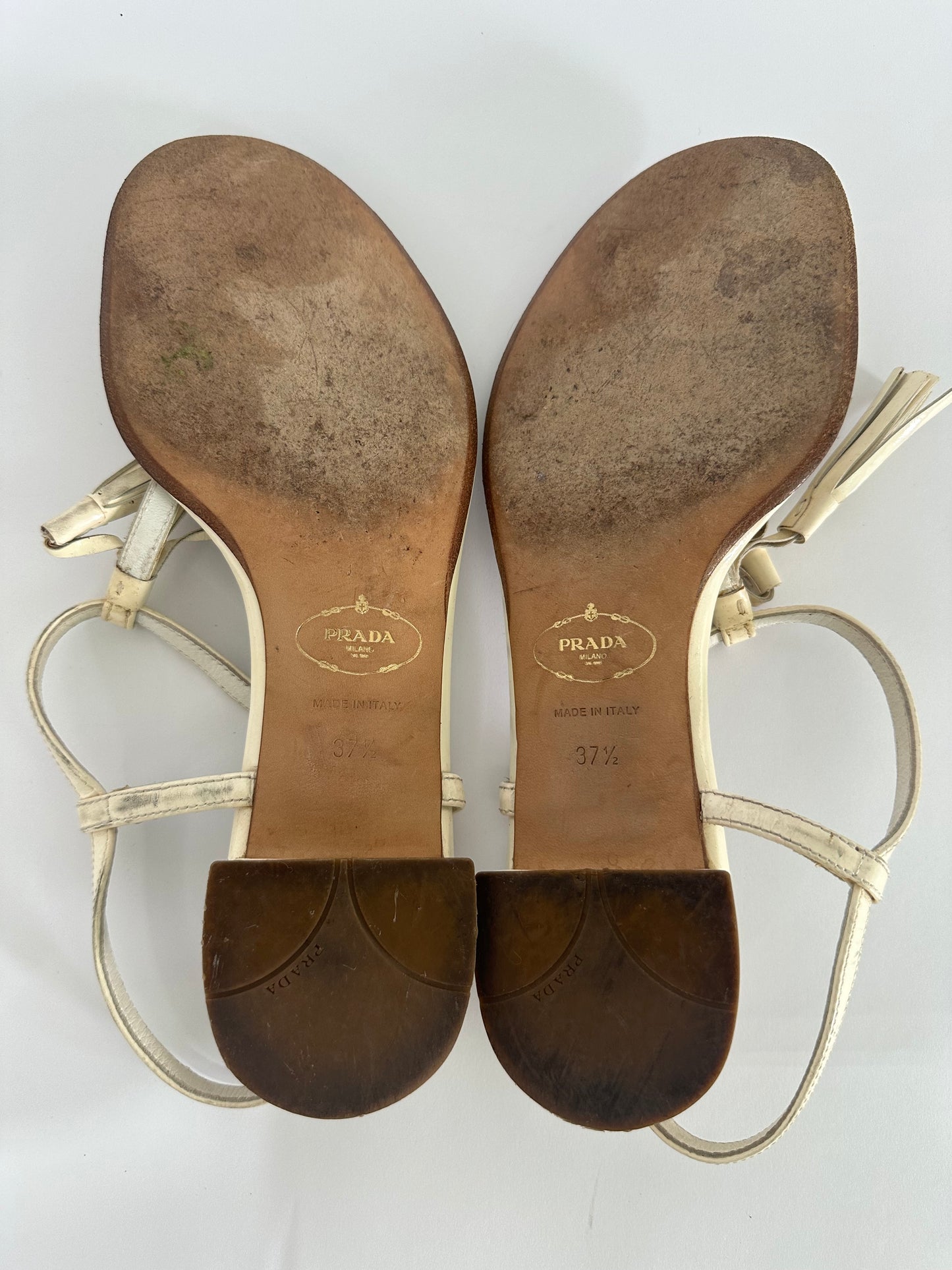 Prada Tassel Ankle T Strap Sandals White Patent Leather Thong Shoes Size 37. 5 IT