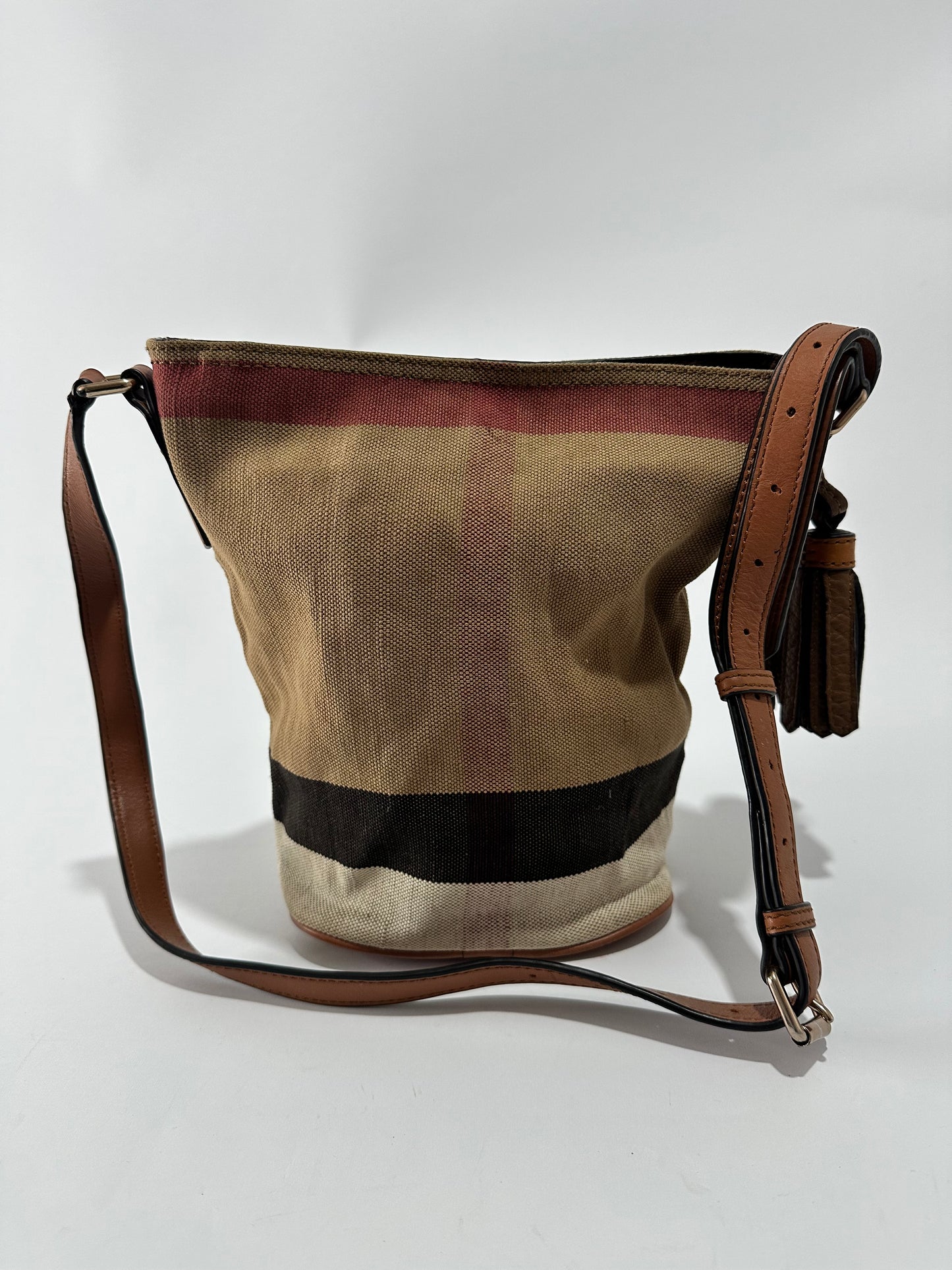 BURBERRY Canvas Mega Check Mini Ashby Tassel Crossbody Brown