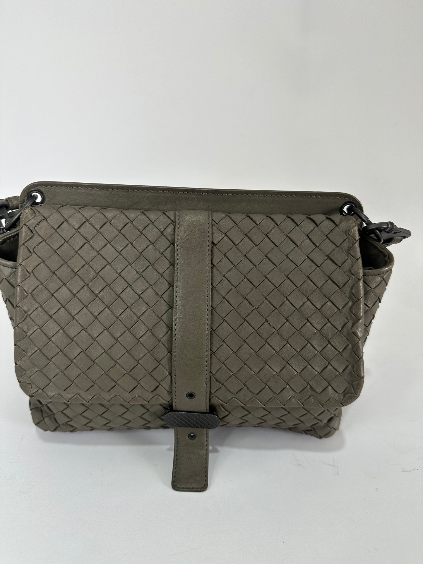 BOTTEGA VENETA Grey Leather Intrecciato Double Sided Flap Shoulder Bag