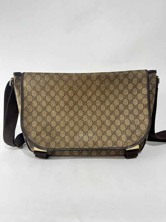 GUCCI GG Plus Monogram Large Double Buckle Flap Messenger Bag Beige Brown