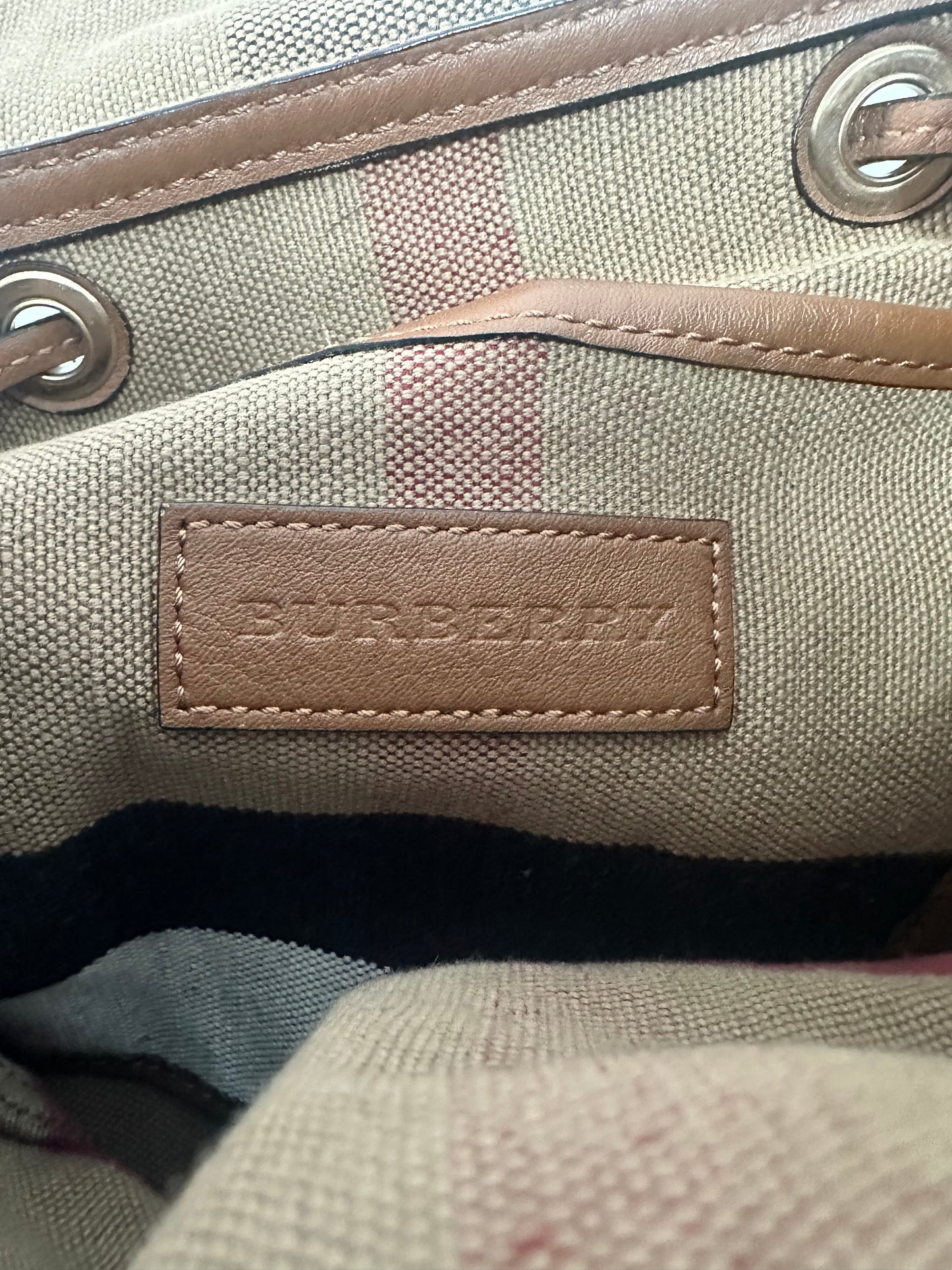 Burberry Red/Beige Heart Check Canvas and Leather Drawstring Backpack