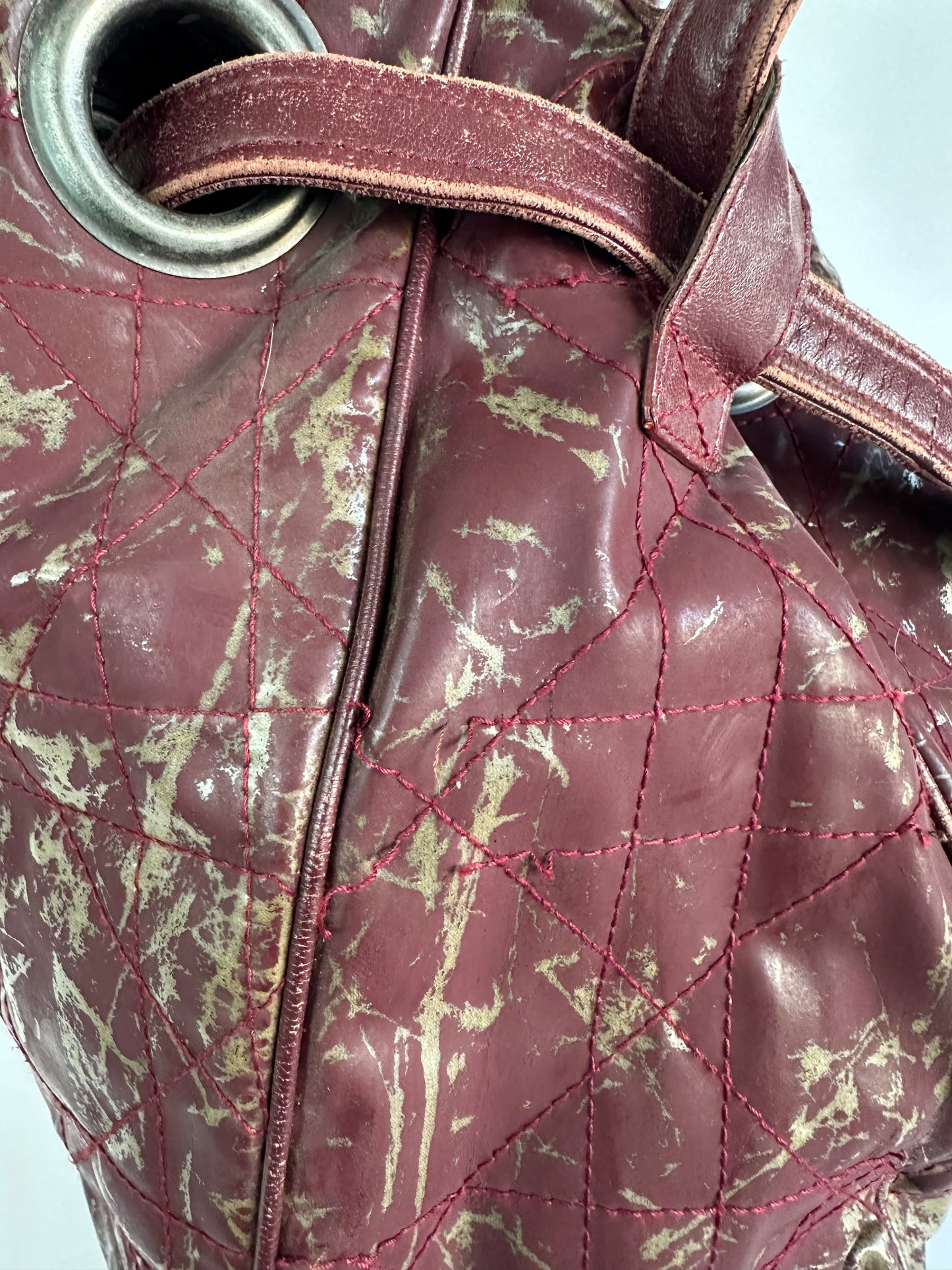 CHRISTIAN DIOR Rouge Bordeaux Cannage Quilted Patent Leather Medium Drawstring Tote Bag