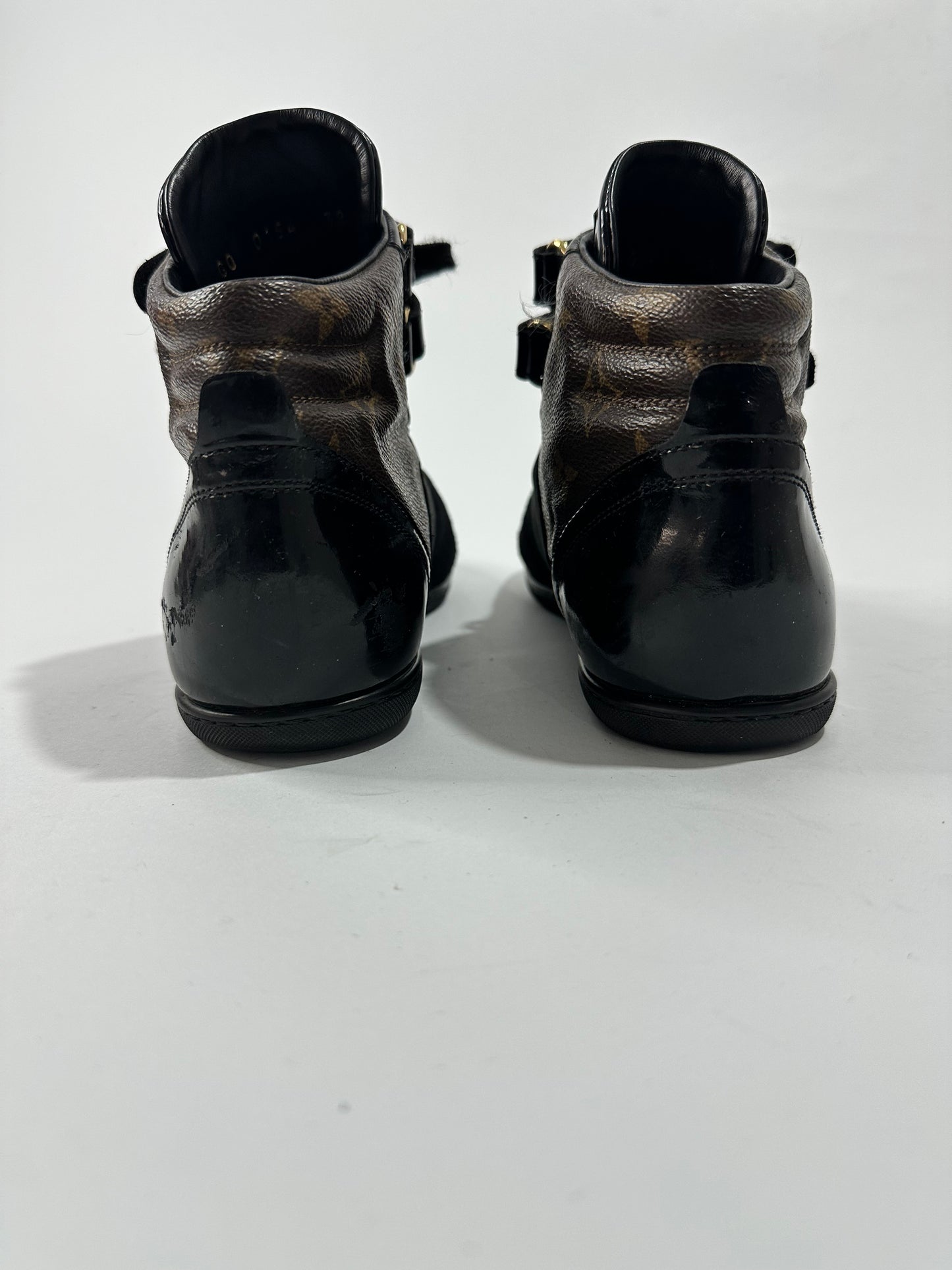 Louis Vuitton Black/Brown Suede Patent Leather Monogram Move Up Sneakers Size 38