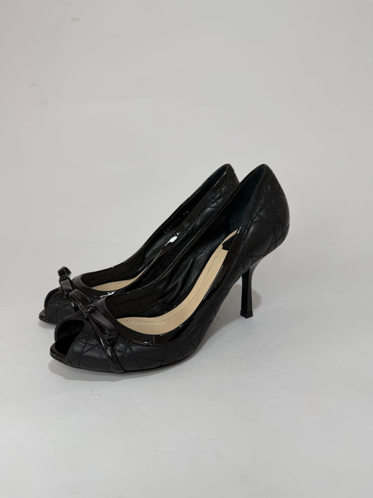 Dior Black Quilted Cannage Leather And Patent Bow Detail Peep Toe Pumps Size 38EU/ 8 US / 5UK