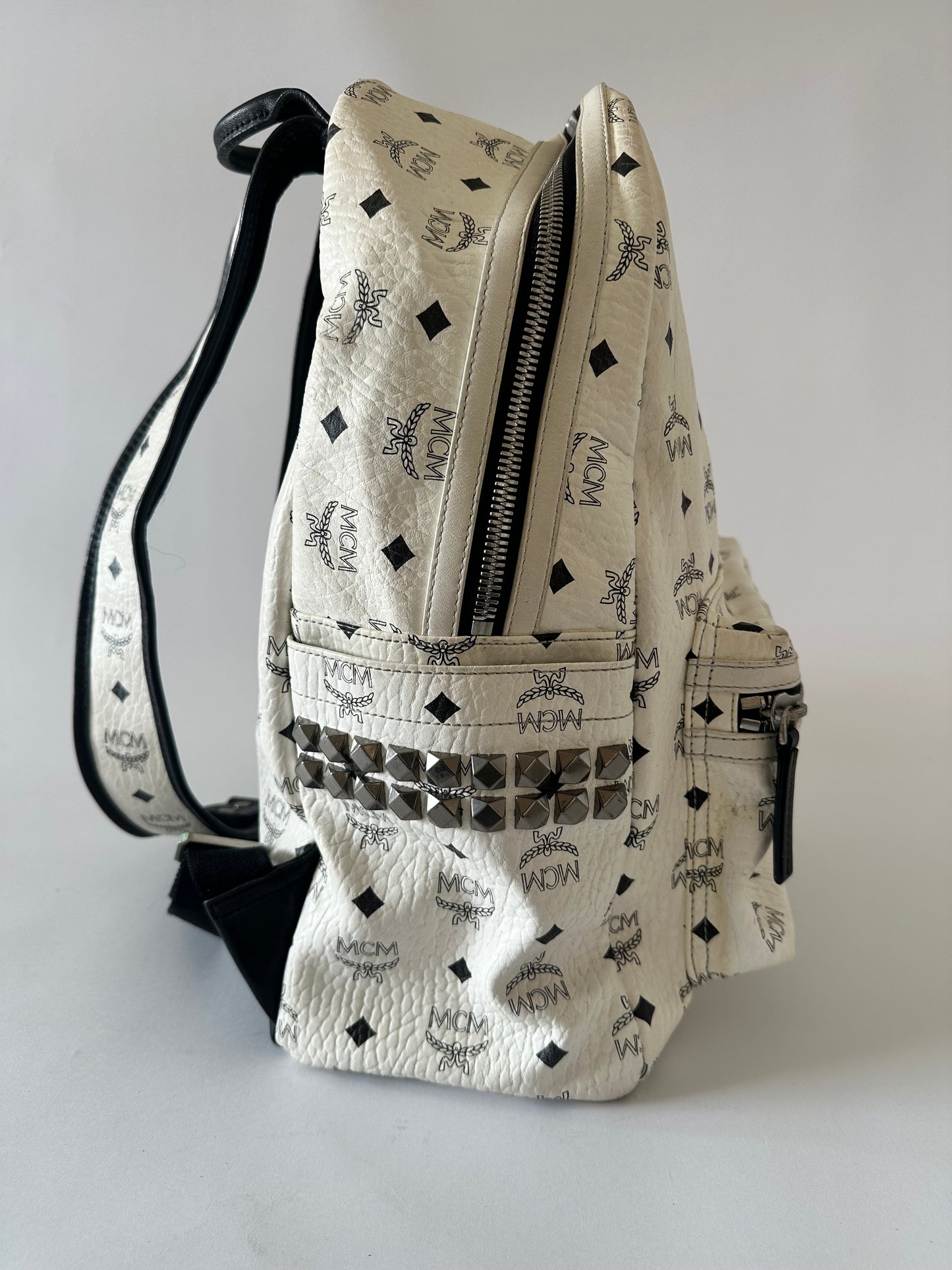MCM Visetos Medium Side Studs Stark Backpack White