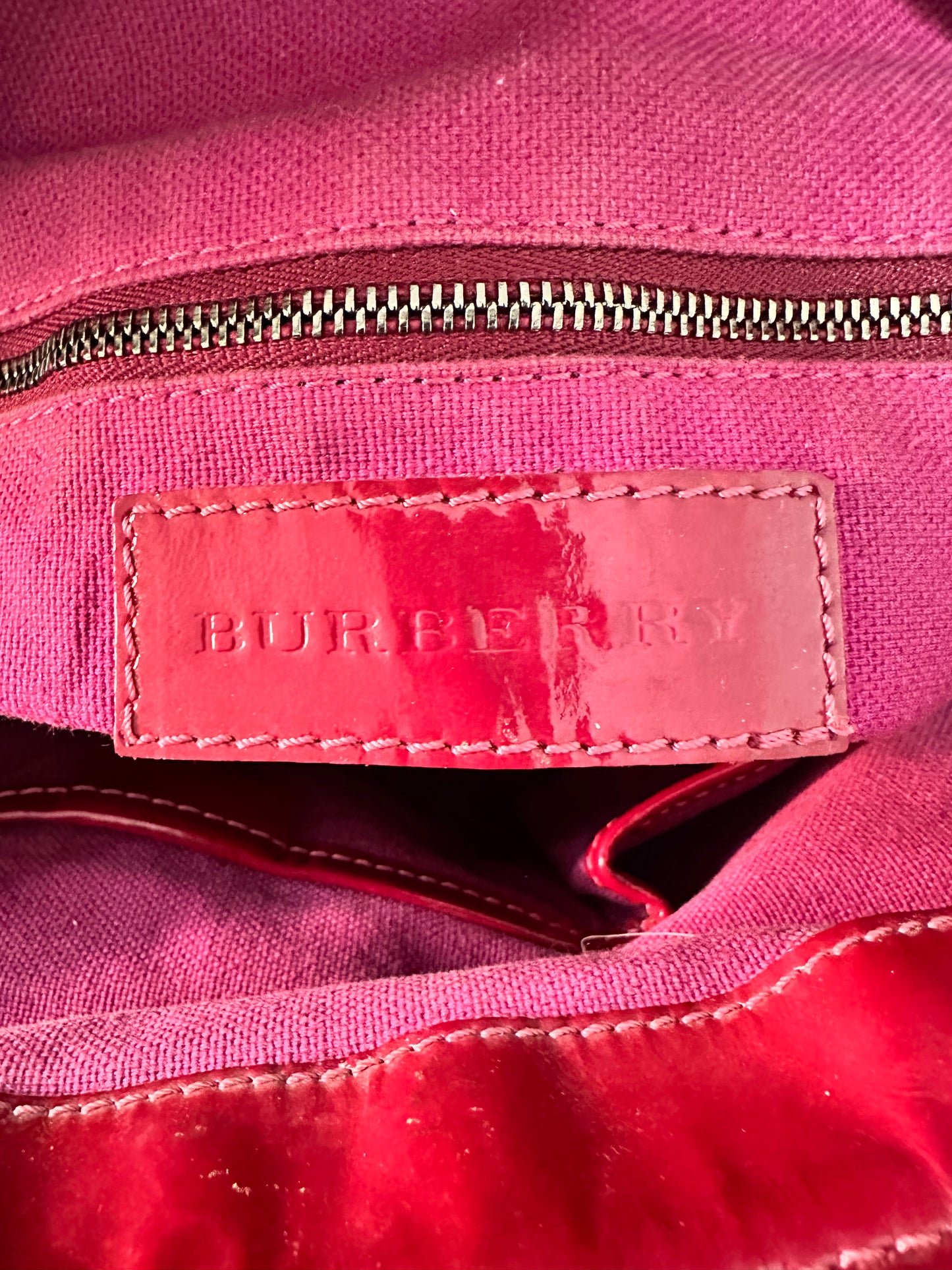 Burberry Fuchsia Check Embossed Patent Leather Satchel