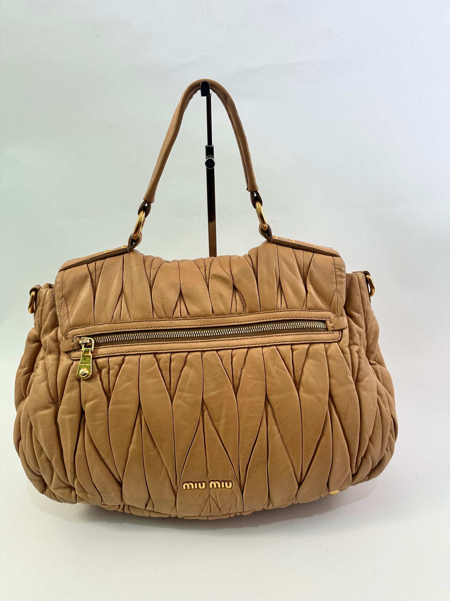 Miu Miu Beige Matelasse Leather Turnlock Top Handle Bag