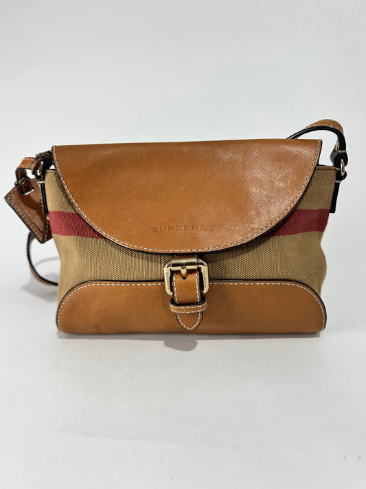 BURBERRY Mega Check Grainy Calfskin Small Gowan Messenger Bag Brown