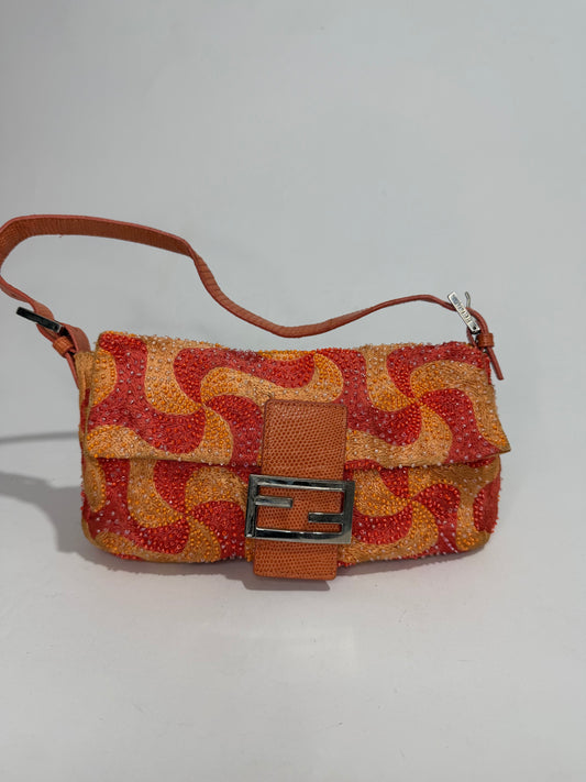 FENDI BEADED SWIRL SHOULDER BAGUETTE BAG IN ORANGE