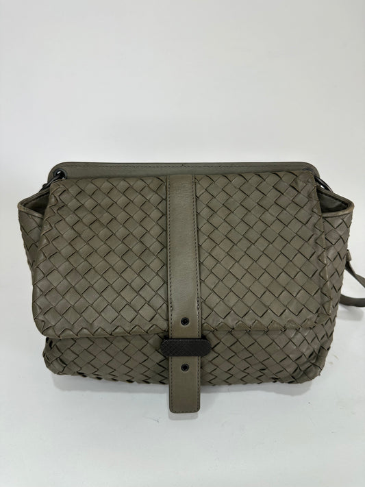 BOTTEGA VENETA Grey Leather Intrecciato Double Sided Flap Shoulder Bag
