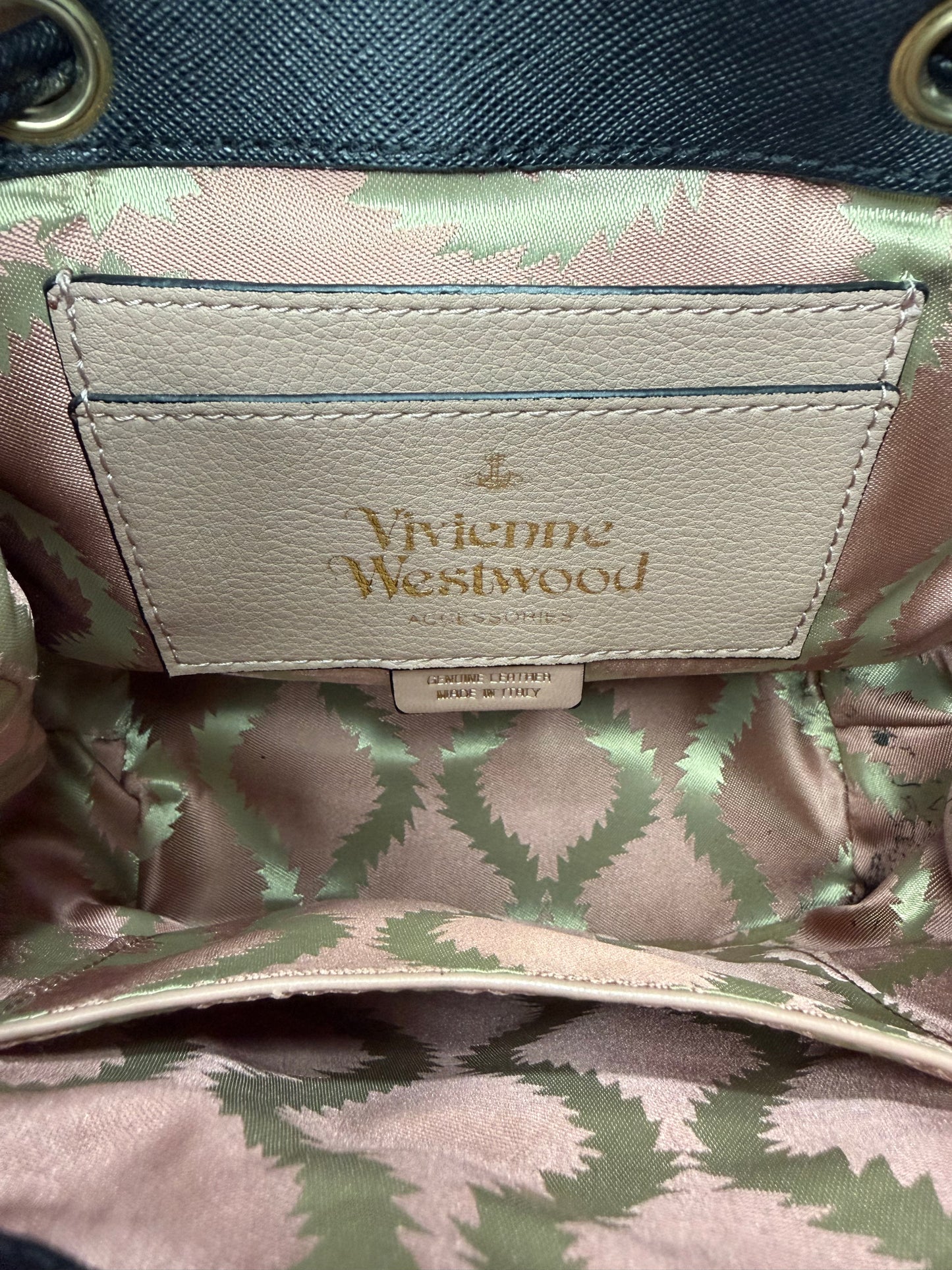 Vivienne Westwood Black Saffiano Leather Drawstring Crossbody Bag with Orb Lock