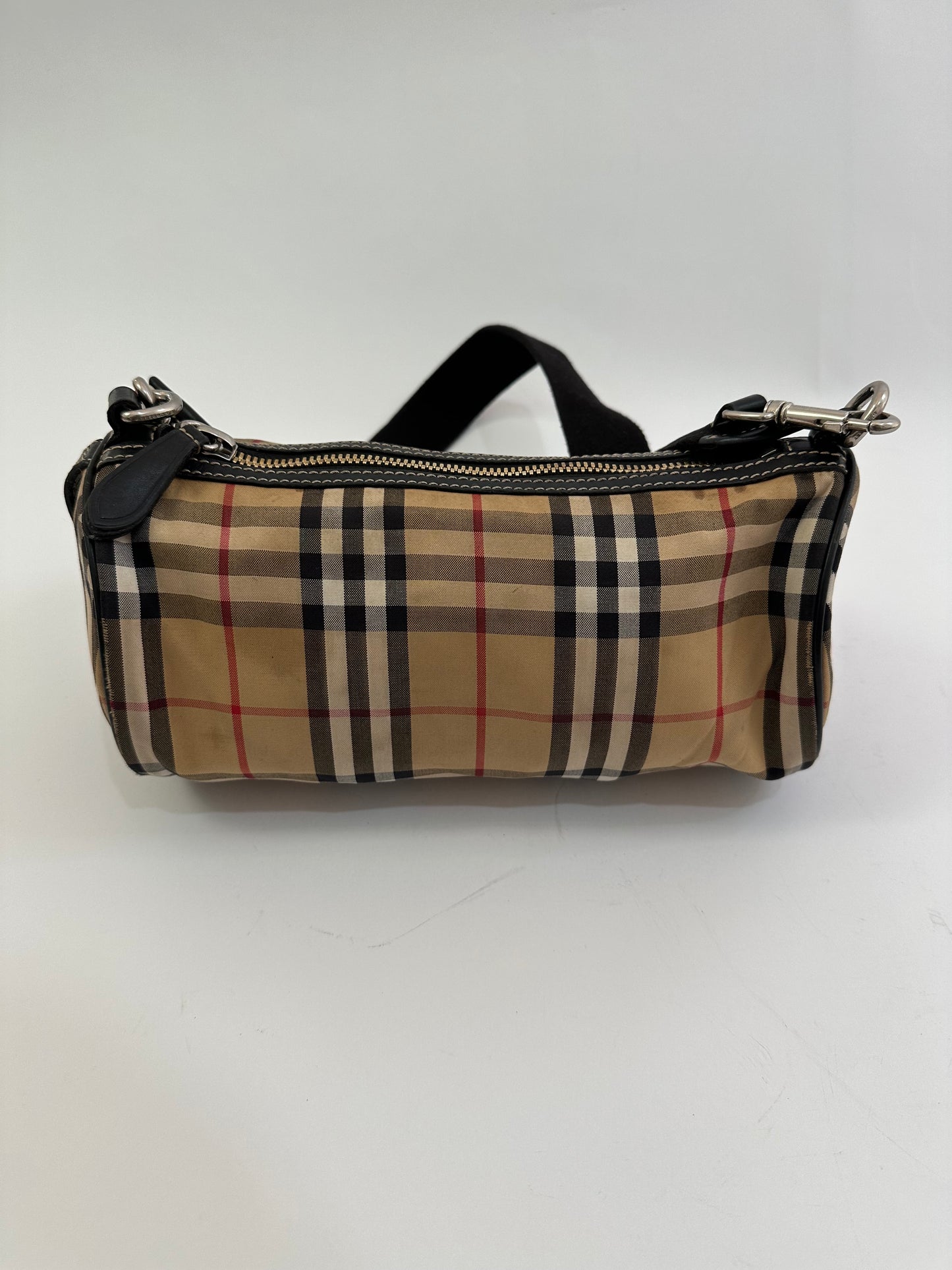 BURBERRY Black/Beige House Check Canvas and Leather Small Kennedy Barrel