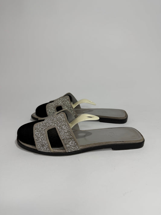 Hermes Silver Suede and Glitter Opne Toe Flat Oran Slides Size 39 EU/ 9 US