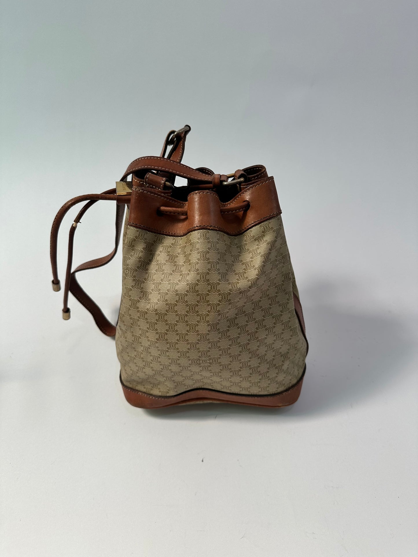 Celine Beige/Cognac Macadam Coated Canvas and Leather Drawstring Bucket Bag