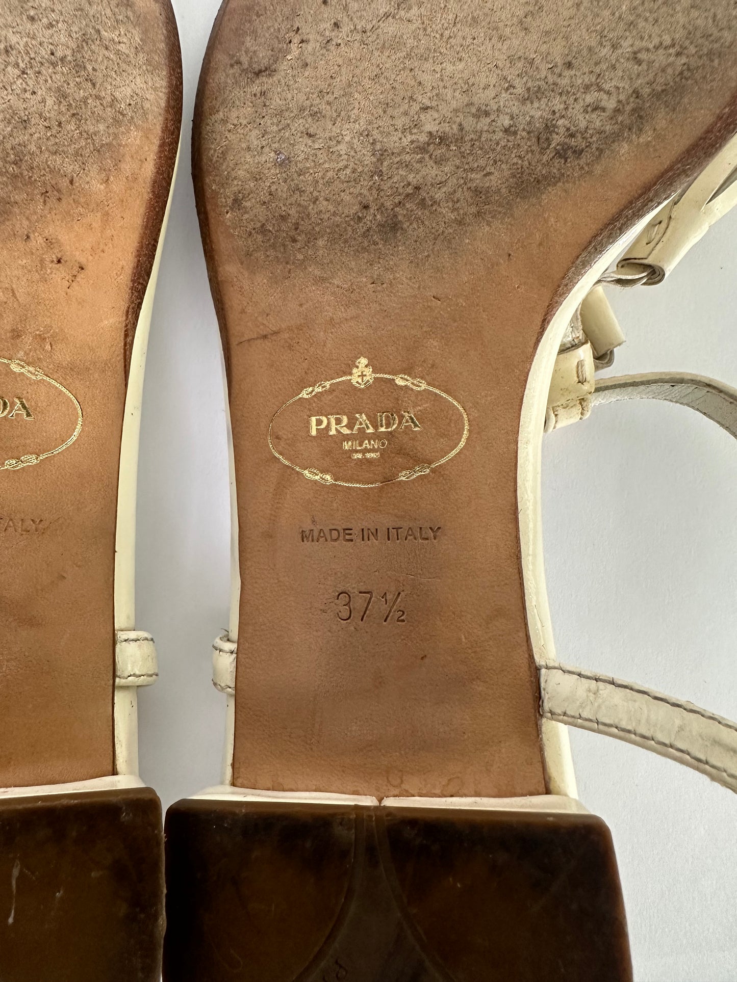 Prada Tassel Ankle T Strap Sandals White Patent Leather Thong Shoes Size 37. 5 IT