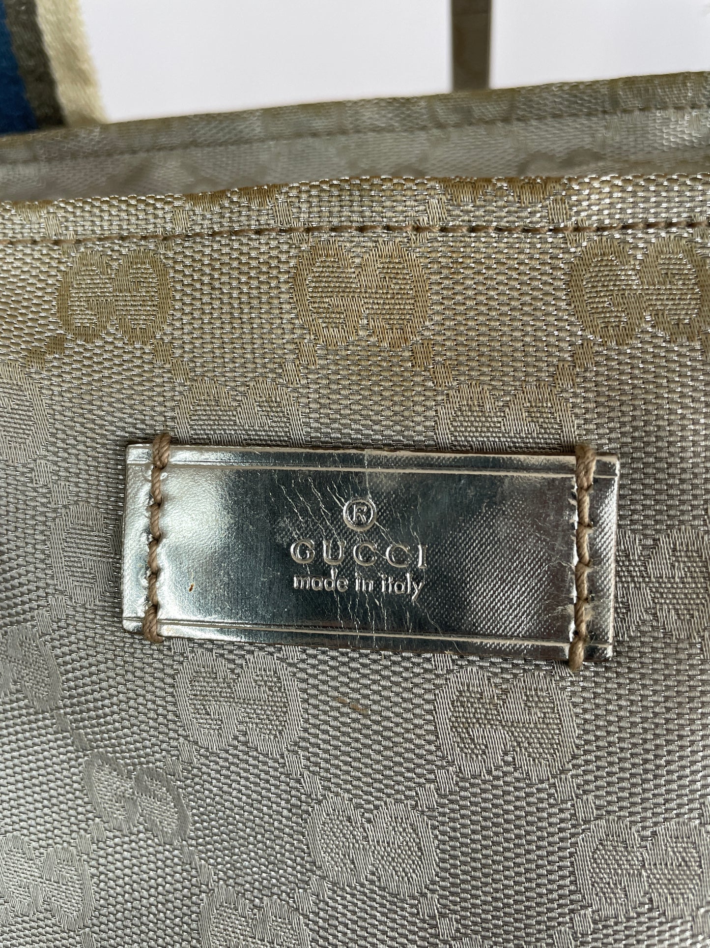 GUCCI GG Monogram Medium Web Handle Bucket Tote Silver