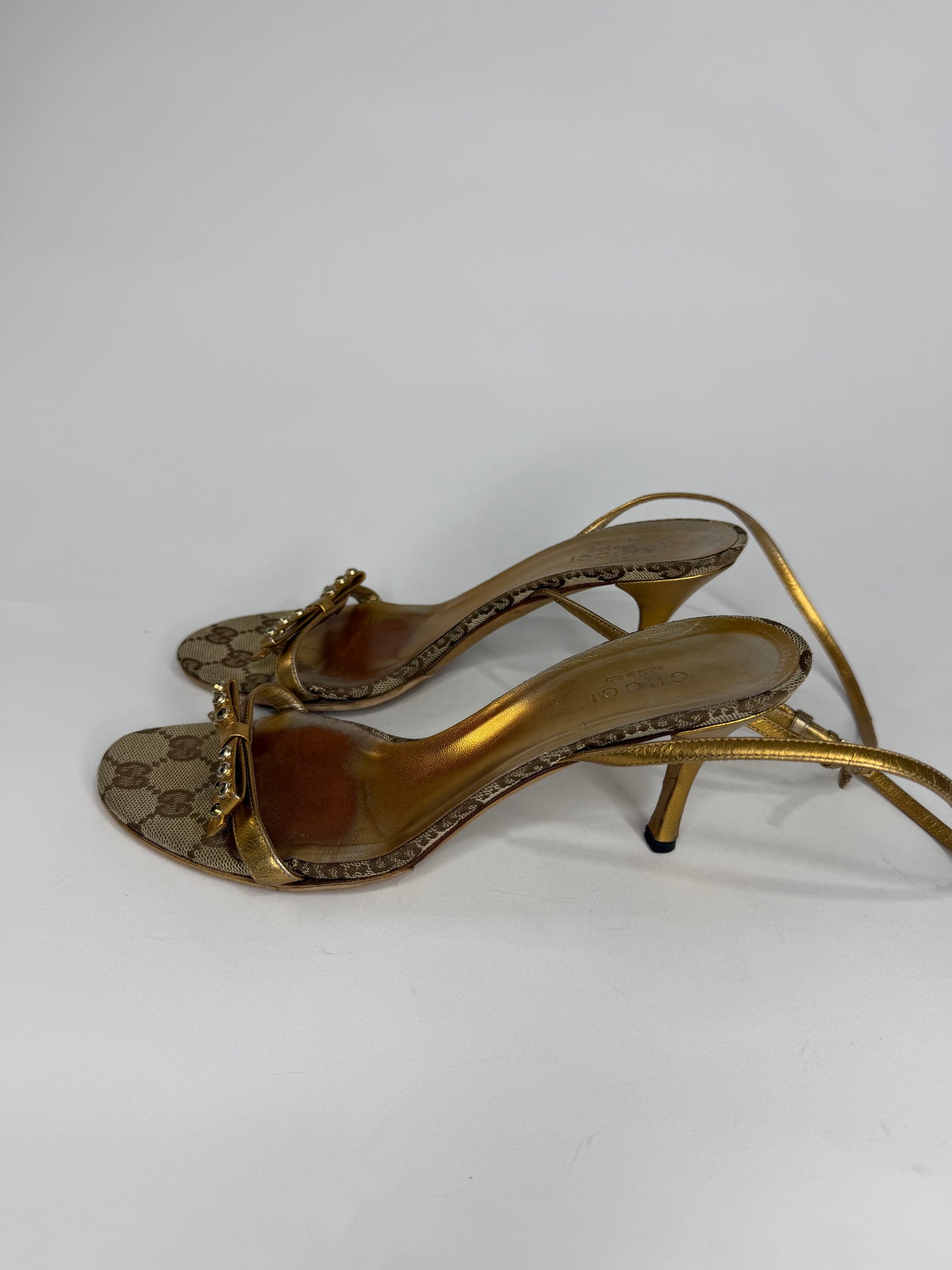 Gucci GG Canvas Gold Bow Ankle Strap Kitten Heel Sandals Women’s Size 36C