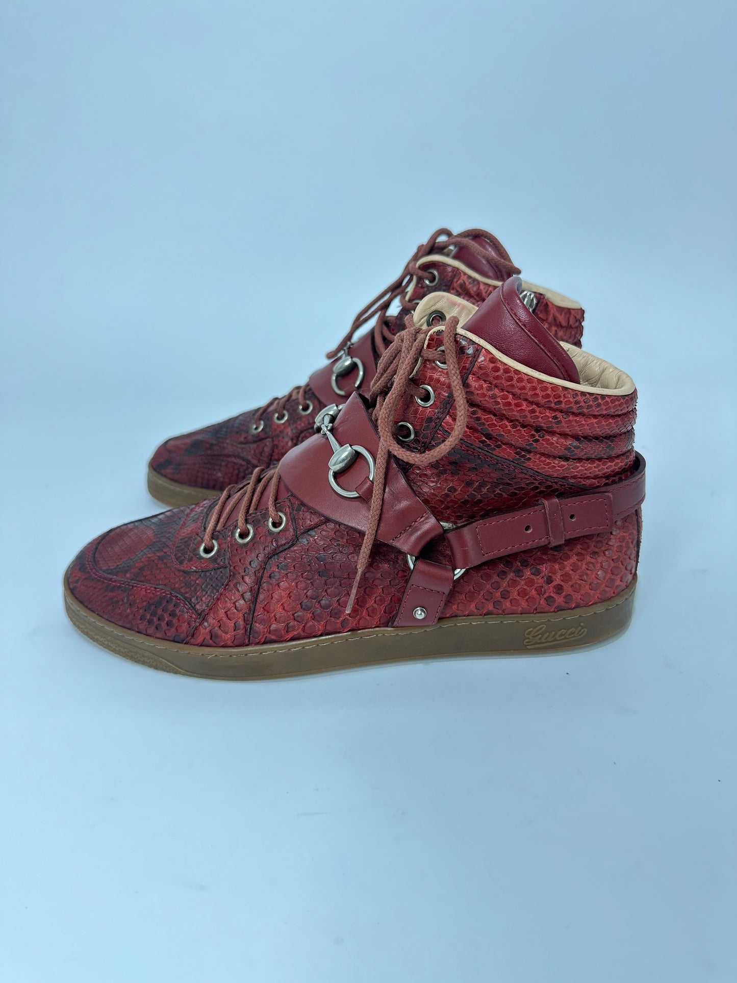 GUCCI Horsebit harness Croc Embossed leather gum sole high top sneaker Size 7 UK
