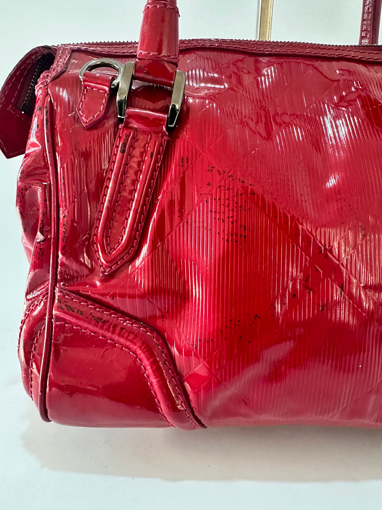 Burberry Fuchsia Check Embossed Patent Leather Satchel