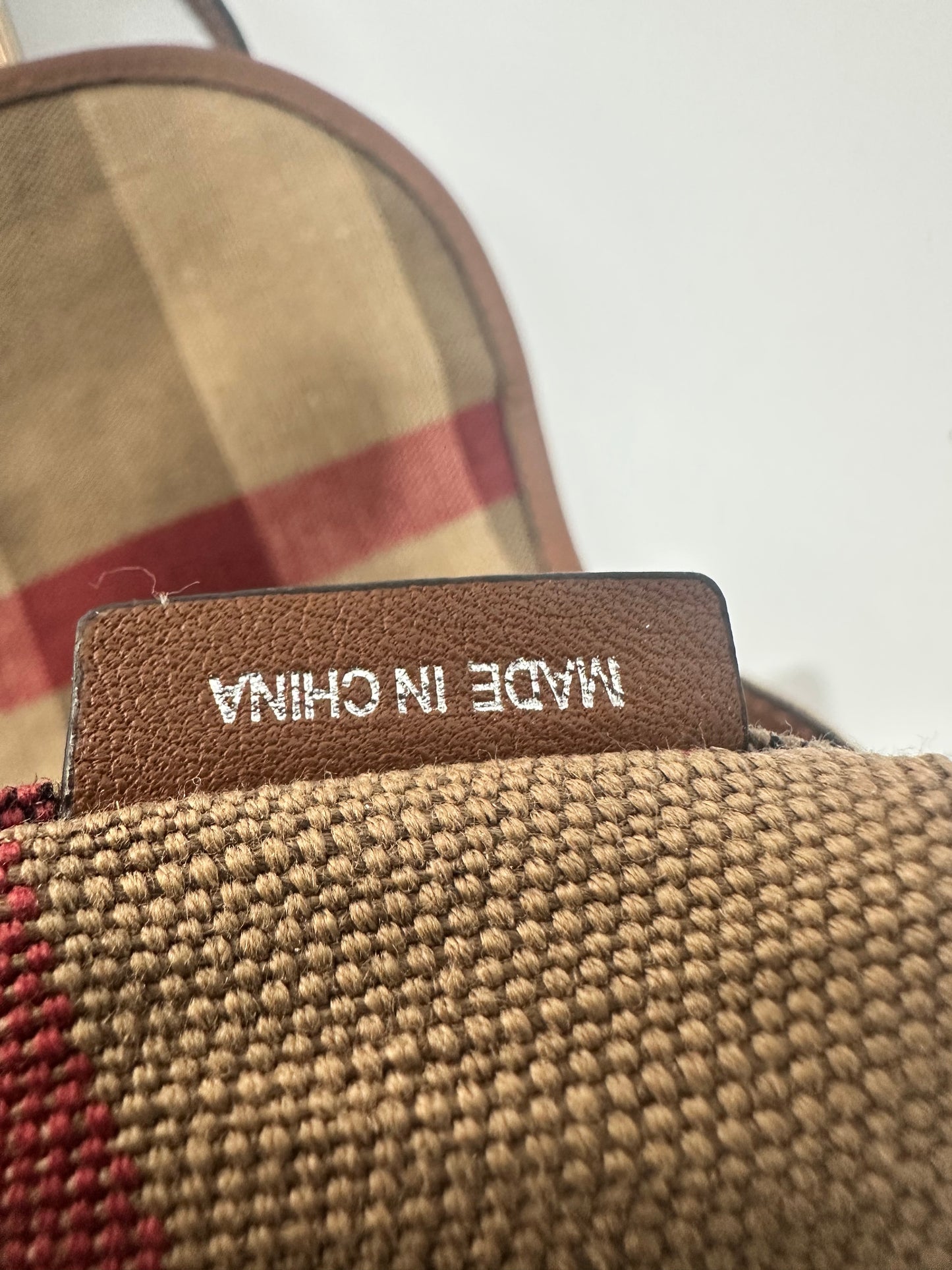 Burberry Red/Beige Heart Check Canvas and Leather Drawstring Backpack
