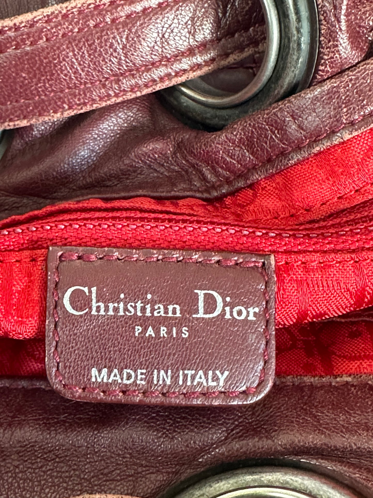 CHRISTIAN DIOR Rouge Bordeaux Cannage Quilted Patent Leather Medium Drawstring Tote Bag