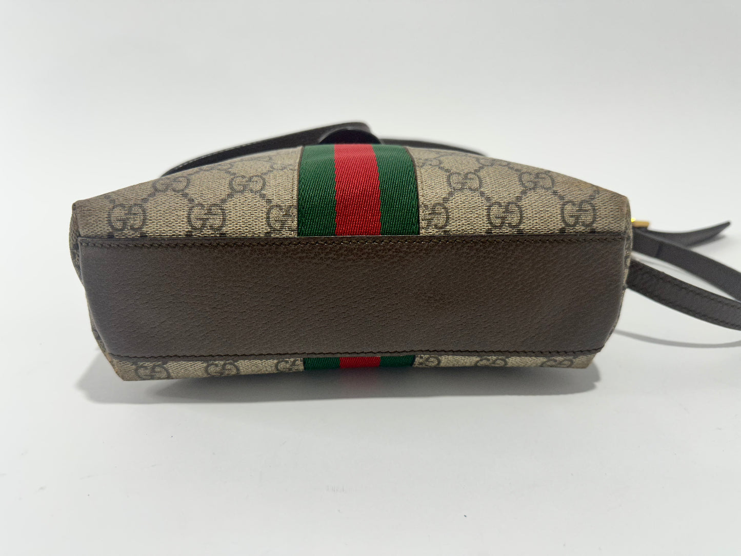 GUCCI
GG Supreme Monogram Textured Dollar Calfskin Web Small Ophidia Dome Shoulder Bag Beige Ebony