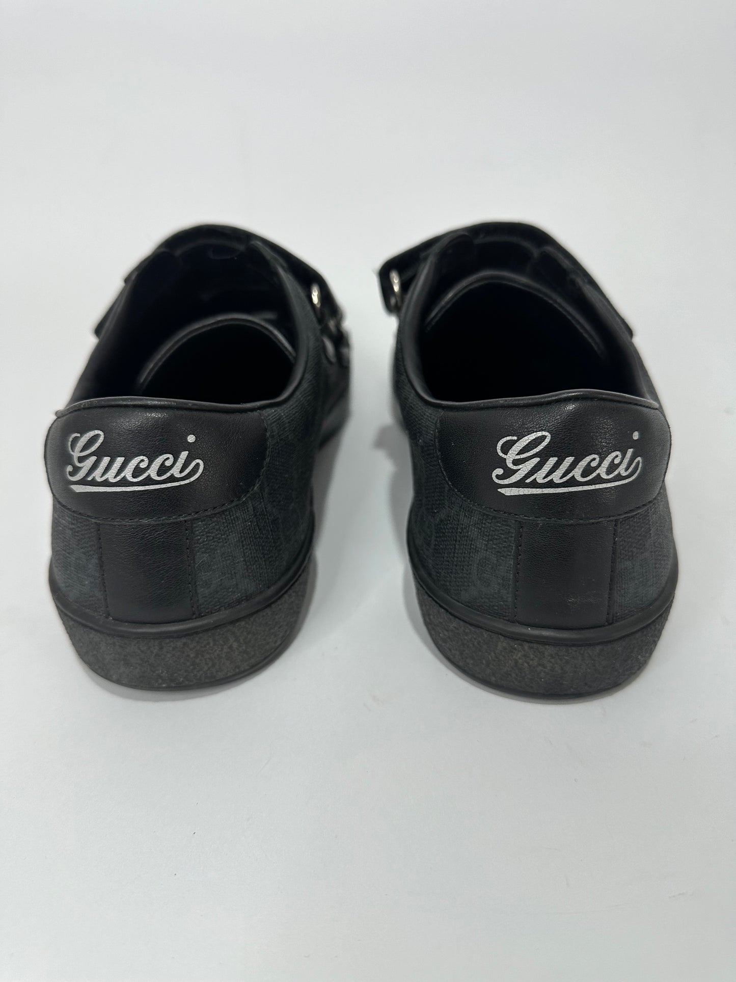 GUCCI Black GG Supreme Canvas And Leather Double Velcro Ace Sneakers Size 6.5 UK