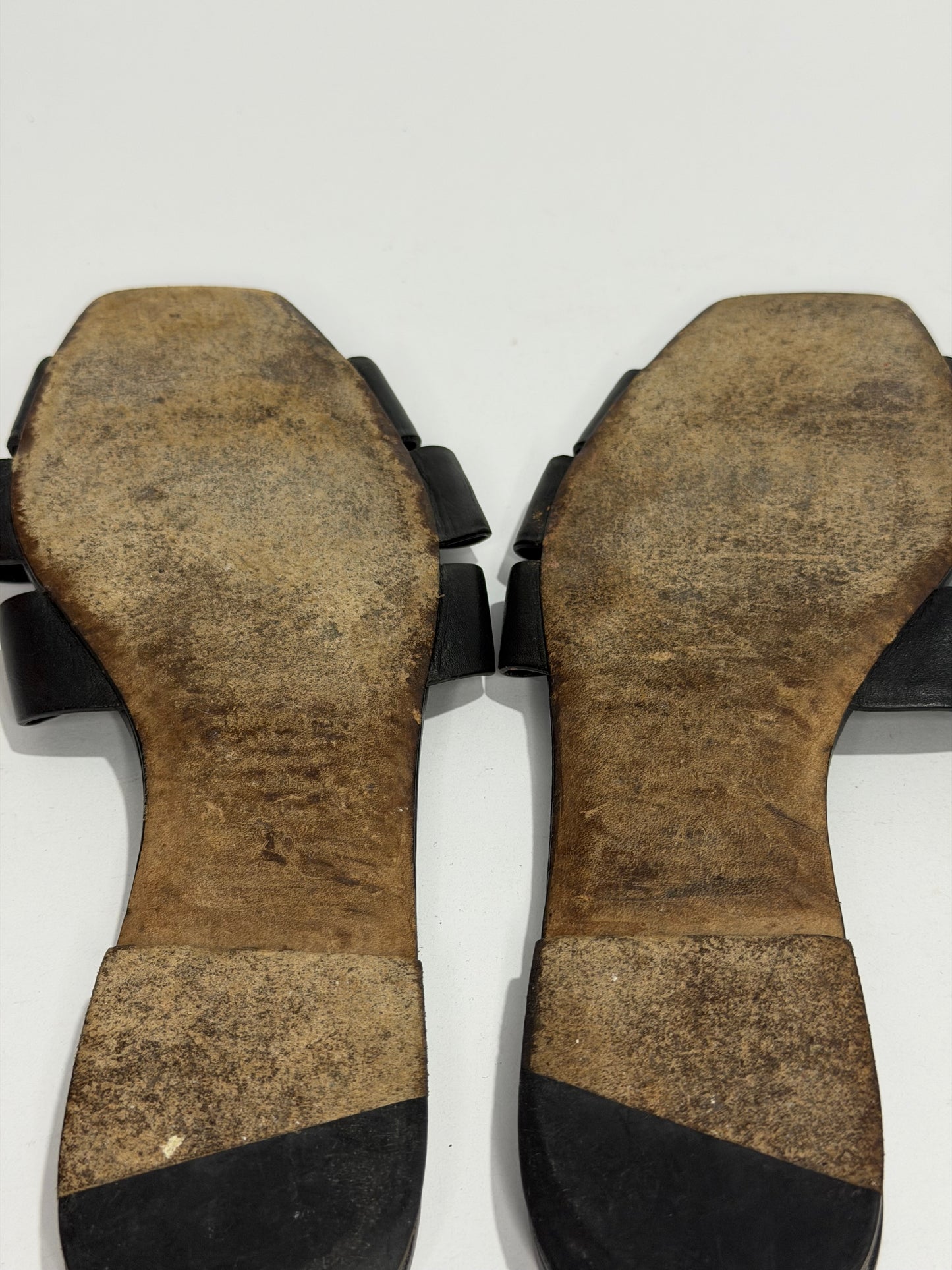 Saint Laurent Paris Black Patent Leather Tribute Flat Sandals Size