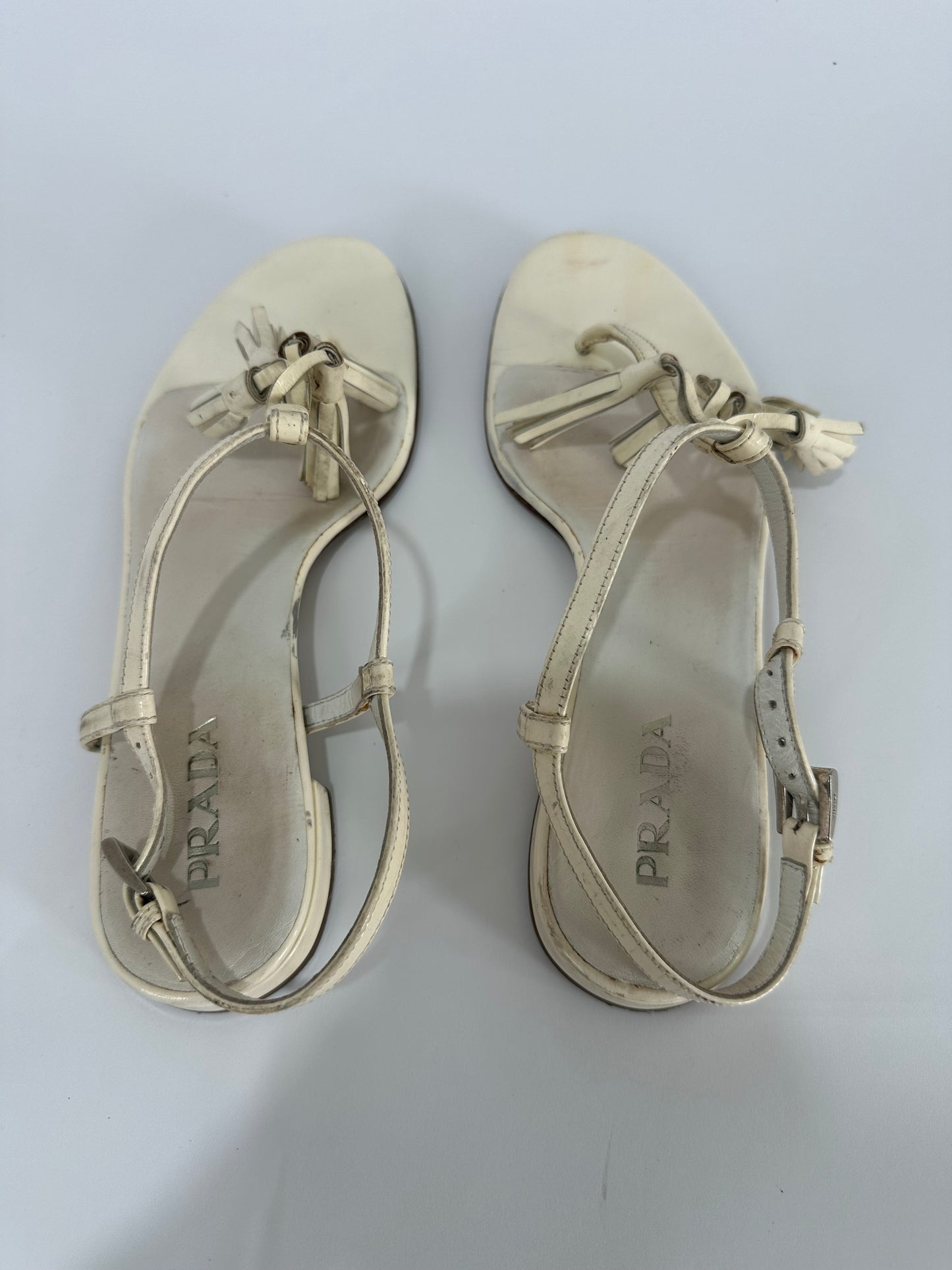 Prada Tassel Ankle T Strap Sandals White Patent Leather Thong Shoes Size 37. 5 IT