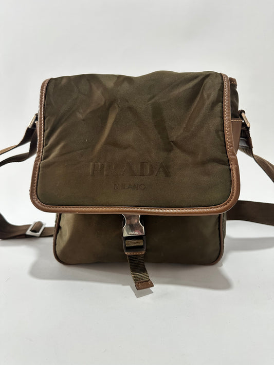 PRADA Tessuto Nylon Saffiano Logo Messenger Bag Olive Green