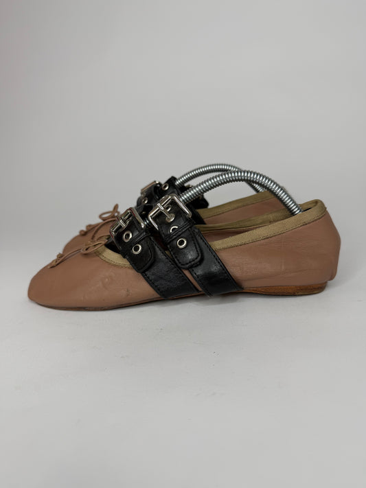 Miu Miu Brown Leather Buckle Detail Bow Ballet Flats Size 35 EU/ 5 US