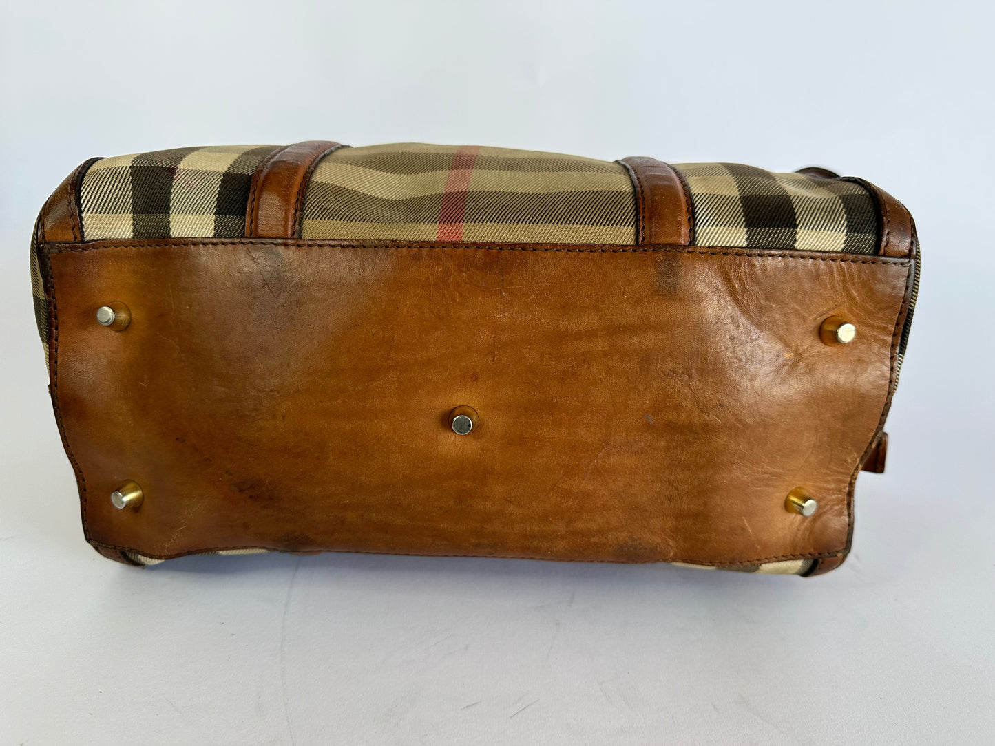 BURBERRY Brown Check Canvas Mixed Media Medium Alchester Bowler Bag