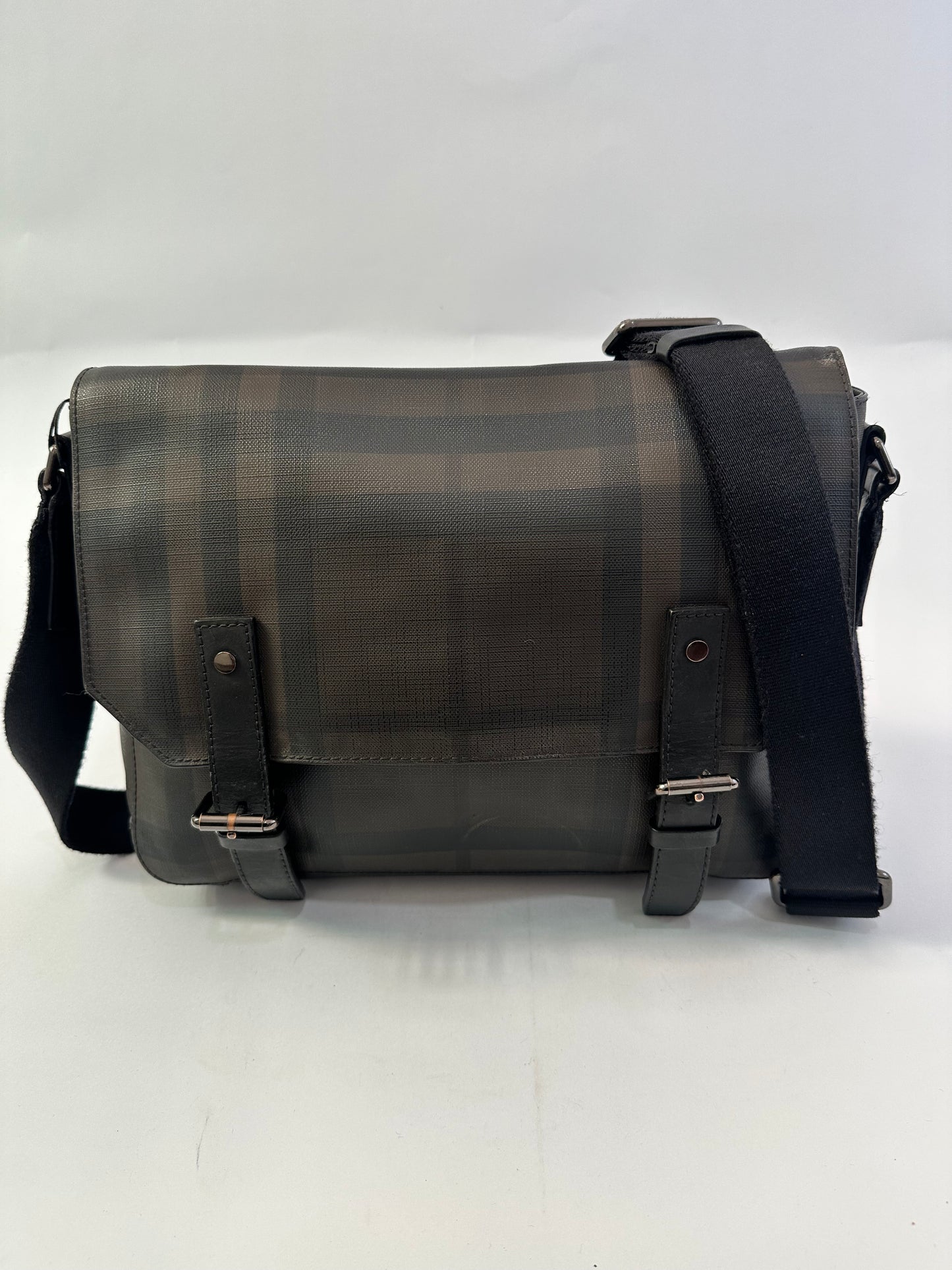 Burberry Grifford Messenger Bag Smoked Check Coated Canvas
