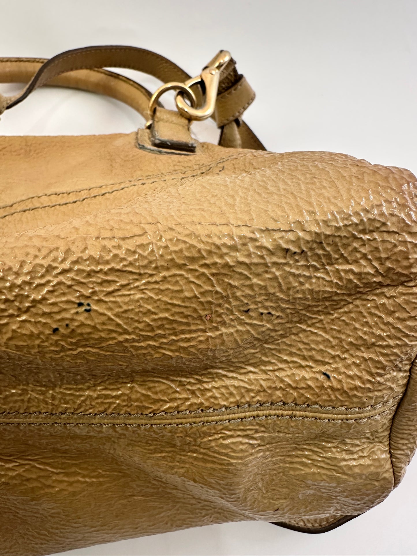 GIVENCHY
Beige Distressed Patent Leather Pandora Mini Messenger Bag