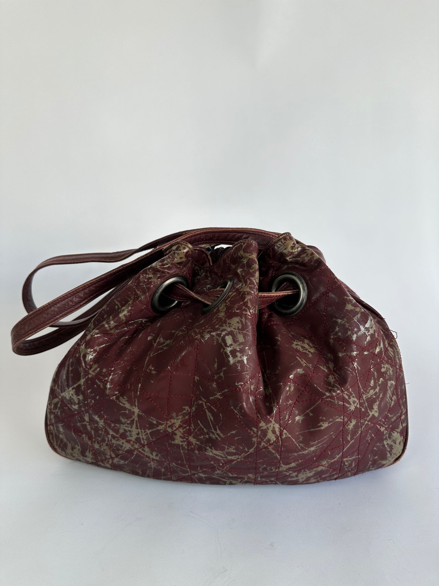 CHRISTIAN DIOR Rouge Bordeaux Cannage Quilted Patent Leather Medium Drawstring Tote Bag
